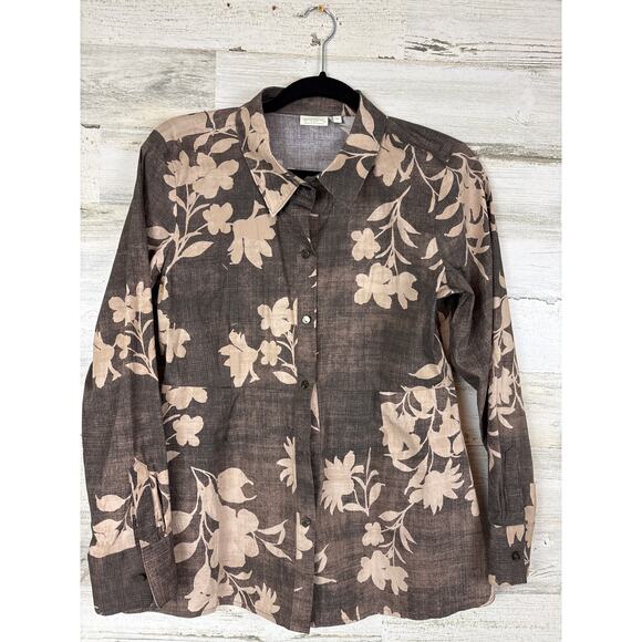Spartina 449 Women’s M Farrah Poplin Long Sleeve Floral Cascade Gray Blouse Top - Picture 3 of 9